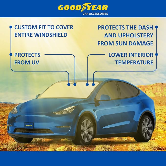 Goodyear Foldable Windshield Sunshade for Tesla Y 2020-2026, Car Accessories, Sunshade Cover, Sun Shade Car Windshield, Window Sun Blocker - GY008296