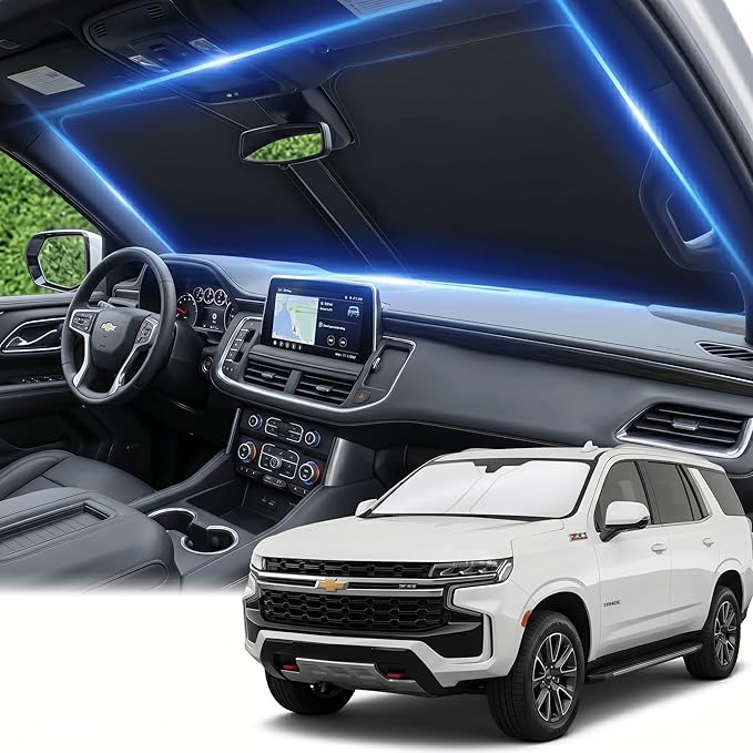 Windshield Sun Shade for Chevy/Chevrolet Tahoe 2021-2024 2025 2026 Front Window Shade Custom Fit Tahoe Accessories Sun Visor Foldable Shade Blocks UV Rays Summer Must Have Car Accessories