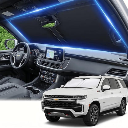 Windshield Sun Shade for Chevy/Chevrolet Tahoe 2021-2024 2025 2026 Front Window Shade Custom Fit Tahoe Accessories Sun Visor Foldable Shade Blocks UV Rays Summer Must Have Car Accessories