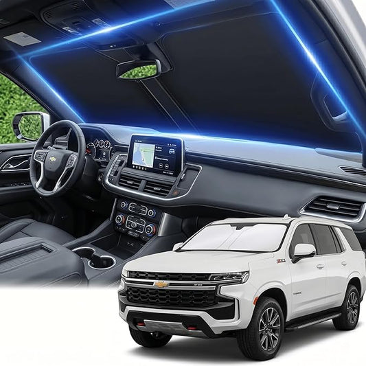 Windshield Sun Shade for Chevy/Chevrolet Tahoe 2021-2024 2025 2026 Front Window Shade Custom Fit Tahoe Accessories Sun Visor Foldable Shade Blocks UV Rays Summer Must Have Car Accessories