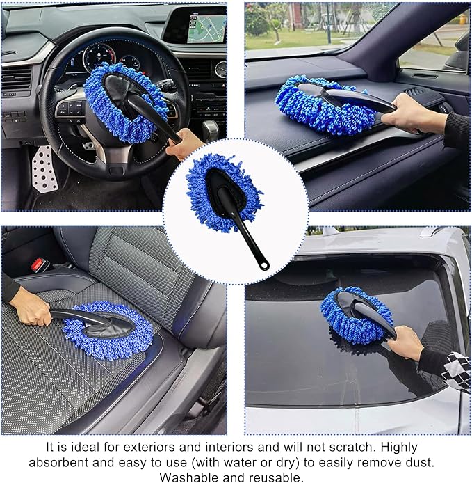 2 PCS Microfiber Car Duster, Scratch Free Auto Exterior Interior Large Dusting Cleaning Brush, Multipurpose Vehicle Dust Cleaner with Extendable Handle, Car Accessories (Blue)