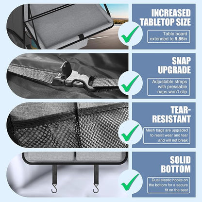 Plzpik Car Backseat Organizer with Tablet Holder,11 Storage Pockets with Foldable Food Tray, Protector Kick Mats for Kids, Travel Accessories Organizer (Gray, 2Pack with Food Tray)