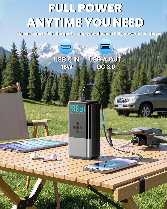 Jump Starter with Air Compressor 8000A 160PSI Battery Jumper Starter(10L Gas/All Diesel) Jump Box Car Battery with Auto-Shutoff Tire Inflator, Jumper Cables and Flashlight
