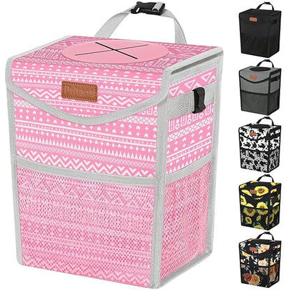 Pritent Car Trash Can with Lid, Cute Leakproof Car Trash Garbage Bag Hanging Vehicle Trash Bin Small Portable Automotive Garbage Cans Organizer for Back/Front Seat/Console(Trapezoid,Pink Print)