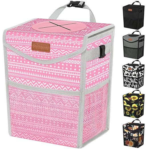 Pritent Car Trash Can with Lid, Cute Leakproof Car Trash Garbage Bag Hanging Vehicle Trash Bin Small Portable Automotive Garbage Cans Organizer for Back/Front Seat/Console(2.8 Gallons,Pink Print)