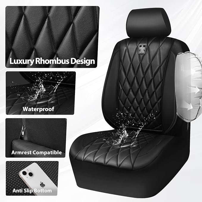 CAR PASS Piping Luxury Faux PU Leather Two Front Car Seat Covers, Waterproof Anti Slip Seat Covers Compatible with Front Seat Armrests,Universal Fit for Suvs,Vans,Trucks, Airbag Compatible(All Black)