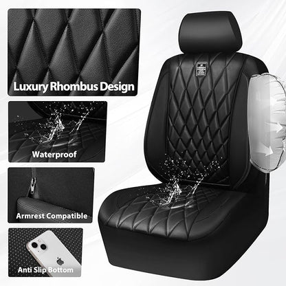 CAR PASS Piping Luxury Faux PU Leather Two Front Car Seat Covers, Waterproof Anti Slip Seat Covers Compatible with Front Seat Armrests,Universal Fit for Suvs,Vans,Trucks, Airbag Compatible(All Black)
