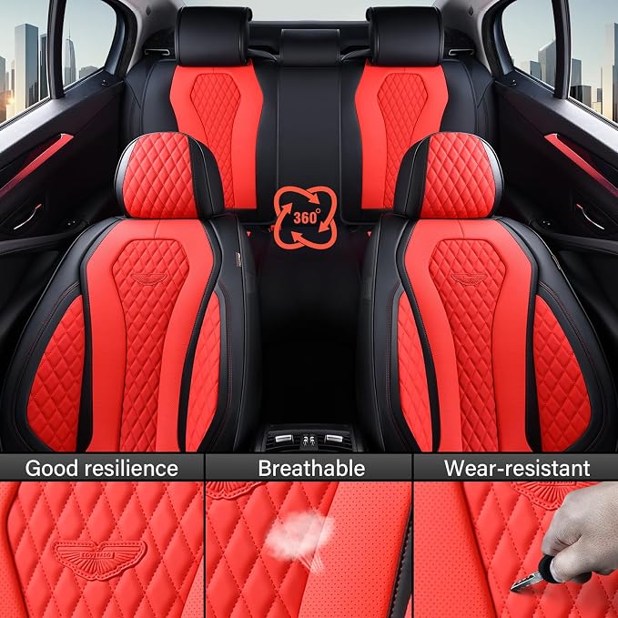 Coverado Car Seat Covers, Seat Covers Full Set, Red Car Seat Cover, Auto Seat Covers Front Seats Rear Seat Cover, Luxury Car Seat Cushion,Leather Seat Cover Seat Protector Universal Fit Most Cars