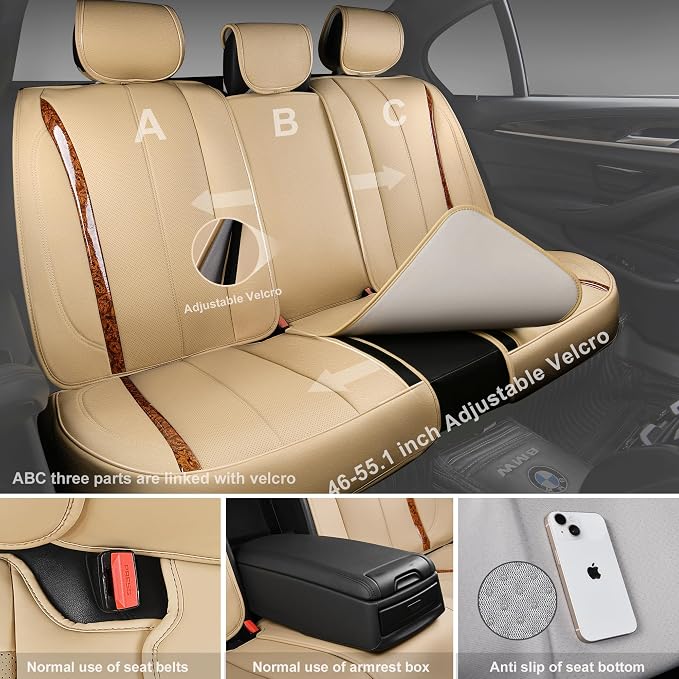 CAR PASS Beige Leather Car Seat Covers, Breathable Waterproof Nappa Automotive Seat Covers Full Set, Anti-Slip Driver Seat Cushion with Backrest Universal Fits SUV Pick-up Truck Sedan, Wood Grain
