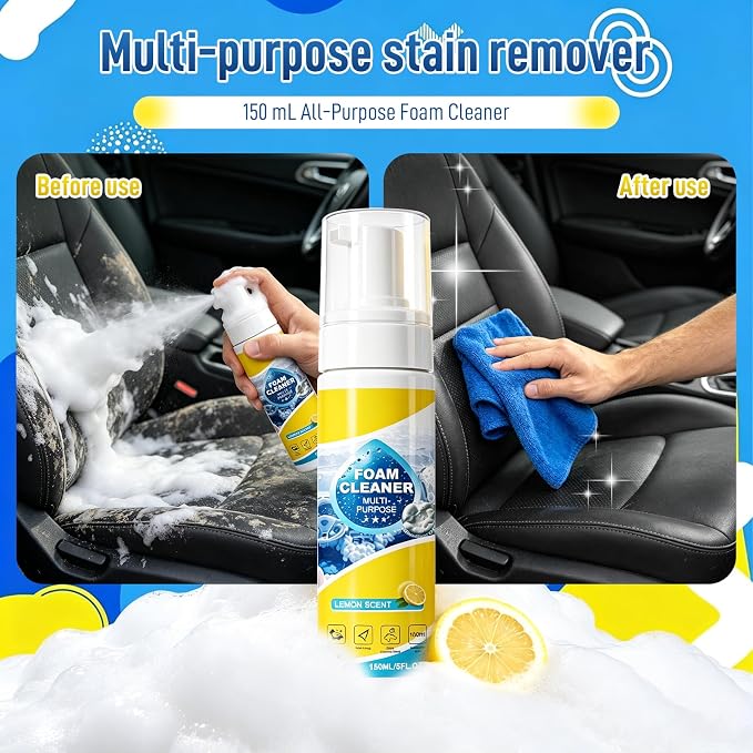 4-in-1 Foam Spray Cleaner - 2026 New Foam Cleaner Multi Purpose, New Foam No-Rinse Cleaner with Sponge and Towel for Car Interior, Kitchen Grease, Bathroom Tiles, Sofa Upholstery