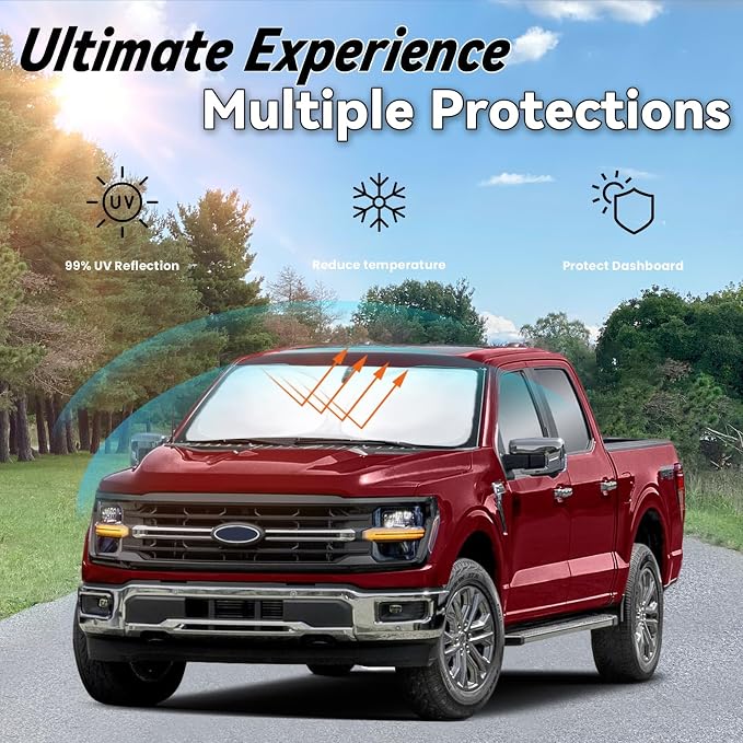 Windshield Sun Shade for Ford F-150 2021-2026, Car Front Window Sunshade with 240T Sun Visor Protector Blocks UV Rays Heat Sun Shield Accessories (Ford F150)