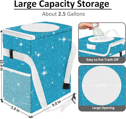Car Trash Can for Car, Cute Mini Car Trash Bag with Lid, Glitter Car Garbage Can Bin Hanging for Back/Front Seat/Console, Waterproof, Leakproof, 2.5 Gallon, Blue Bling Sparkly