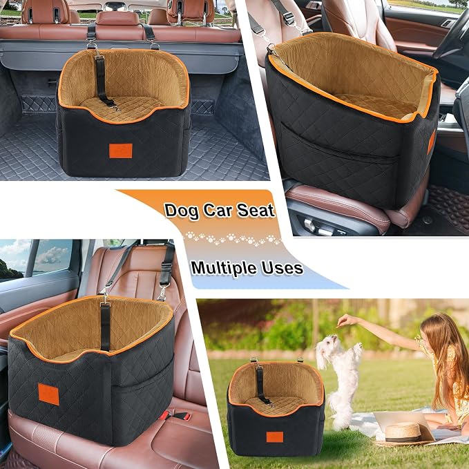 XIEEAOZEE Dog Car Seat for Small Dogs, Memory Foam Booster Dog Seat for Dogs up to 35 lbs, Elevated Pet Car Seat with Washable Removable Cover, Storage Pockets