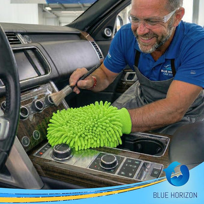 Microfiber Fingers Dusting & Cleaning Mitt and Large Towel Set, Machine Washable, Highly Absorbent Car Detailing Cleaner for Drying, Washing and Wax Polishing (1 Green Mitt, 1 Blue Towel)