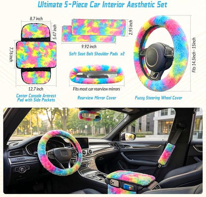 5 Pcs Fuzzy Tie Dye Rainbow Car Accessories Set, Soft Fluffy Plush Steering Wheel Cover, Center Console Armrest Pad & Rearview Mirror Cover - Interior Decorations for Women,Universal Fit (Candy)