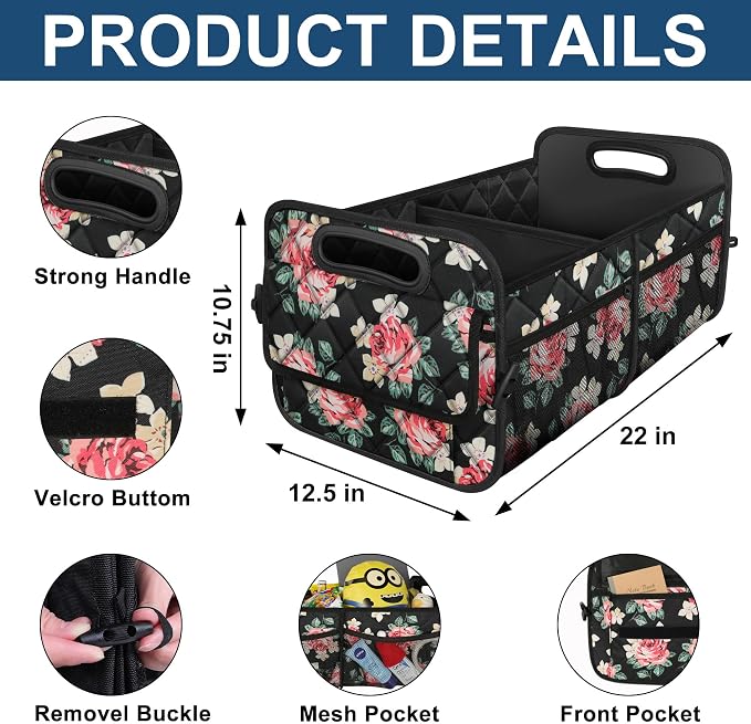 Deosk Trunk Organizer and Storage with Reinforced Handles,Car Accessories for Women/Men 50L Waterproof Polyester Trunk Organzier for Car/SUV/Minivan/Truck(Medium, Floral)