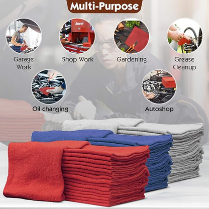 Nabob Wipers Shop Towels 50 Pack Cotton Rags Size 14"x14" Commercial Grade (50 Pack, Red)