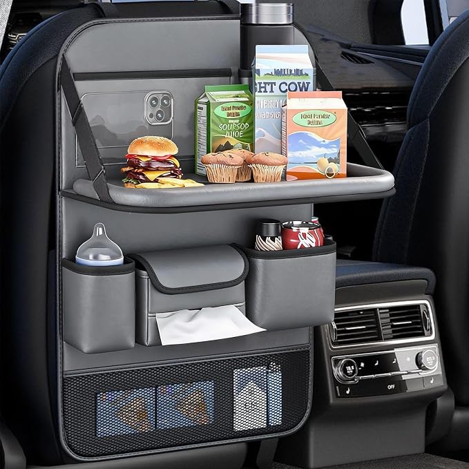 2 Pack Leather Car Backseat Organizer with Foldable Table Tray, Universal Car Seat Back Protector Kick Mat with Touchscreen Tablet Holder, Storage Pockets, Cup Holders & Tissue Holder, Black