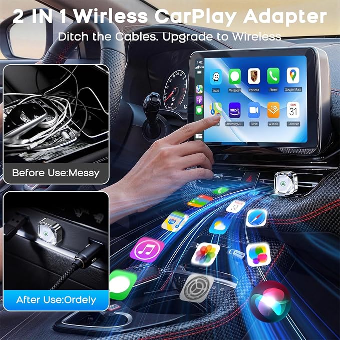 2026 Mini Wireless CarPlay Android Auto 2 in 1 Adapter - Converts Wired to Wireless Car Play Dongle, 5.8GHz Fast Bluetooth Receiver for 2016+ Vehicles, Plug & Play Auto Connect (USB-A/C)