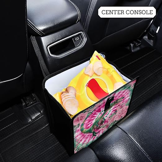 Car Trash Can Organizer Bin with Adjustable Strap for Back Front Seat Console Waterproof Leakproof Collapsible Portable 8.66 Inch Tie Dye Dinosaur Pink Green