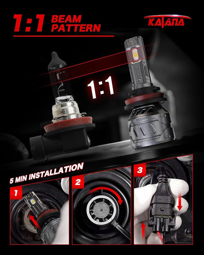 KATANA 9005 H11 Bulbs Combo, 800% Brightness 6500K White Plug and Play 1:1 Size Fog Bulb Pack of 4