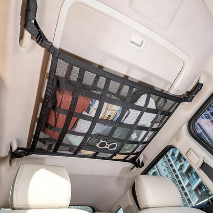 Upgrade Car Ceiling Cargo Net Pocket,31.5"x21.6" Double-Layer Roof Storage Organizer,Overhead Net for SUV & Van Camping,Travel Road Trips,Van Life Essentials,Fit 4 Handle Vehicles