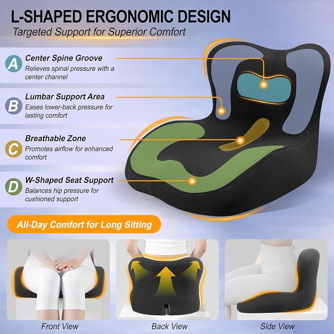 Allaboutsla Memory Foam Car Seat Cushion with Lumbar Support, L-Shaped Ergonomic Design for Long Driving, Pressure-Relief Comfort for Car, SUV, Semi Truck & Office Chair- Black