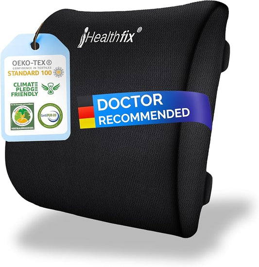Healthfix® Ergonomic Lumbar Support Pillow – Expertly Designed in Germany – Improves Posture & Relieves Back Pain – Memory Foam Back Cushion for Office Chair & Couch - Medium (130–200 lbs)