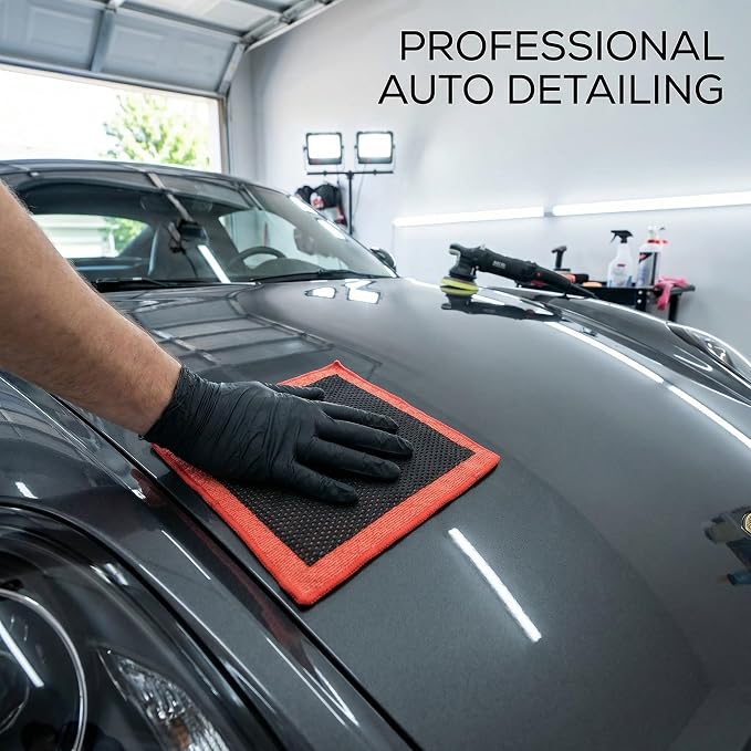 Upgrade 3.0 Car Decontamination Towel – Fine Grade Clay Bar Towel for Auto Detailing, Removes Paint Contaminants, Water Spots & Tree Sap, Enhances Gloss & Wax Bond, 12” x 12” (red and Black)
