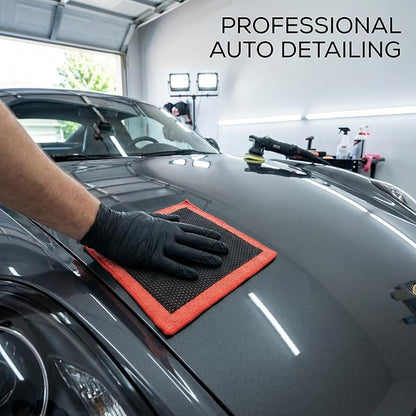 Upgrade 3.0 Car Decontamination Towel – Fine Grade Clay Bar Towel for Auto Detailing, Removes Paint Contaminants, Water Spots & Tree Sap, Enhances Gloss & Wax Bond, 12” x 12” (red and Black)