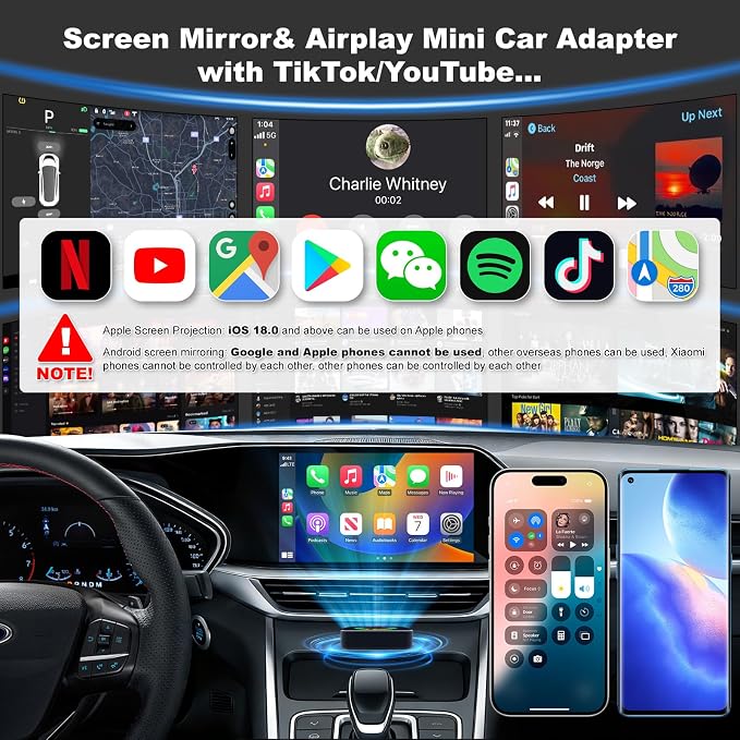 2026 Upgraded Wireless Carplay Adapter, 4 in 1 Screen Mirroring Support Mirror Link/AirPlay for Apple CarPlay & Android Auto, Mini USB/Type-C Plug & Play Car Play Adapter, Wired to Wireless