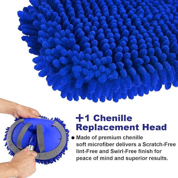 anngrowy 62" Microfiber Car Wash Brush with Long Handle Car Washing Mop Kit Mitt Sponge Car Cleaning Supplies Kit Duster RV Washing Car Brush Accessories, 1 Chenille Scratch-Free Replacement Head