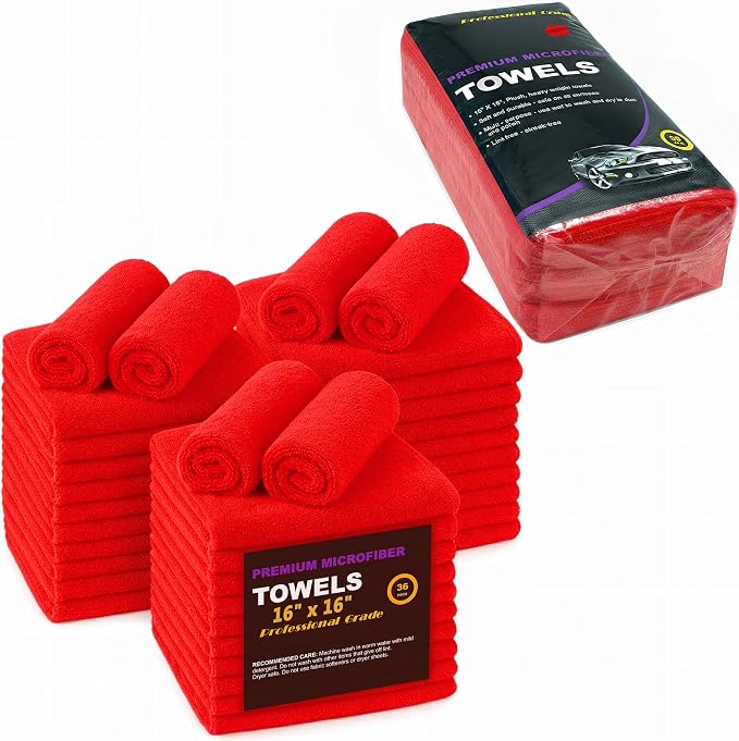 Red Microfiber Cleaning Towels, 3 Dozen Dual-Sided Cleaning Cloths Bulk Pack, Ultra Soft Plush Wash-Cloths, Micro-fiber Detailing Cleaning Cloths for Car, Household and Commercial (Red, 16" x 16")