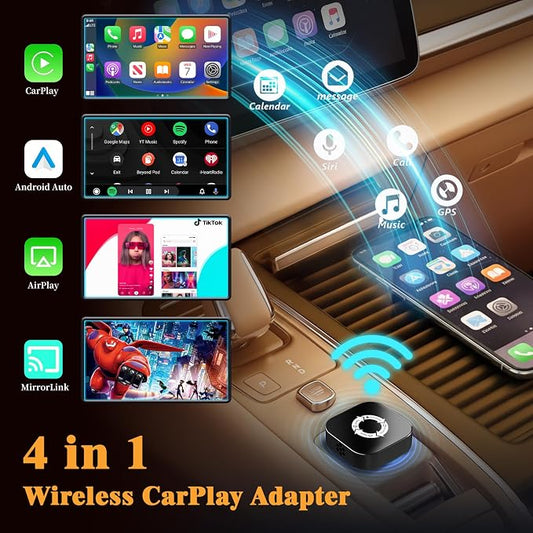 4 in 1 Screen Mirroring Wireless CarPlay Adapte, 2026 Upgraded Wired to Wireless for Apple CarPlay & Android Auto & AirPlay & MirrorLink, Mini USB Car Play Adapter with Type-C Extension, Plug and Play