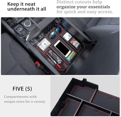 JDMCAR Center Console Organizer Compatible with 2022 2023 2024 2025 2026 Toyota Tundra Accessories and 2023-2026 toyota sequoia Armrest Secondary Storage Box ABS Material with Non-Slip Mats (Red Trim)