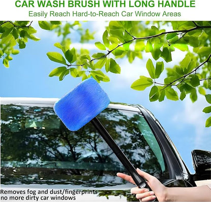 desin Car Windshield Cleaner Tool with Extendable Handle, Inside Auto Window Glass Cleaning Kit with 5 Washable Microfiber Pads, Streak-Free Defogger Wand for Deep Dashboards & SUVs