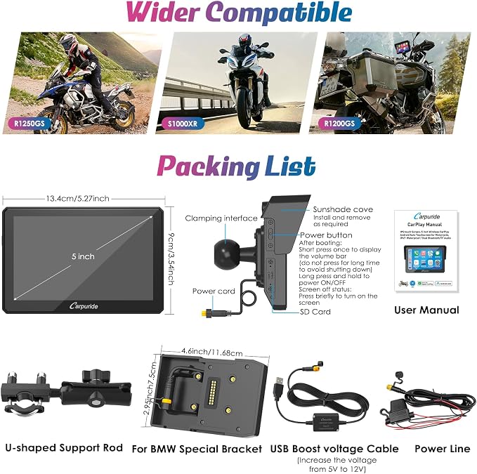 Carpuride W502B Motorcycle Carplay Screen for BMW R1200GS R1250GS S1000XR Motorcycle, 5 inch Waterproof Touchscreen, Portable Carplay/Android Auto GPS Navigation for Motorbike, Dual Bluetooth