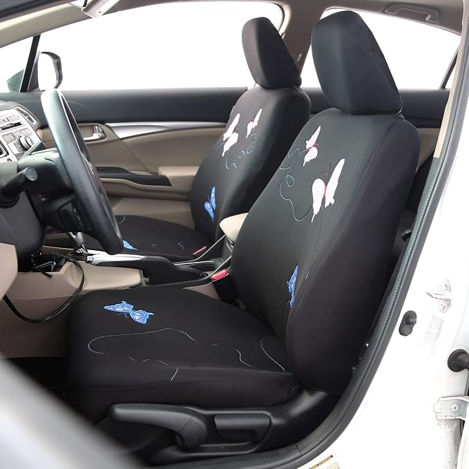 FH Group Full Set Butterfly Cloth Car Seat Covers - Universal Fit, Low Back Front Seat Covers, Solid Back Seat Cover, Washable Seat Cover for SUV, Sedan, Van, Black