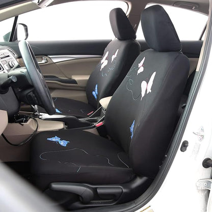 FH Group Full Set Butterfly Cloth Car Seat Covers - Universal Fit, Low Back Front Seat Covers, Solid Back Seat Cover, Washable Seat Cover for SUV, Sedan, Van, Black