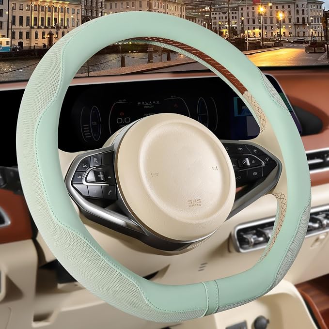 14 inch D Shaped Steering Wheel Cover for Prius Civic, Nappa Microfiber Leather Non-Slip Breathable Fabric, Warm in Winter and Cool in Summer, Green Small 13.5 inch to 14 inch