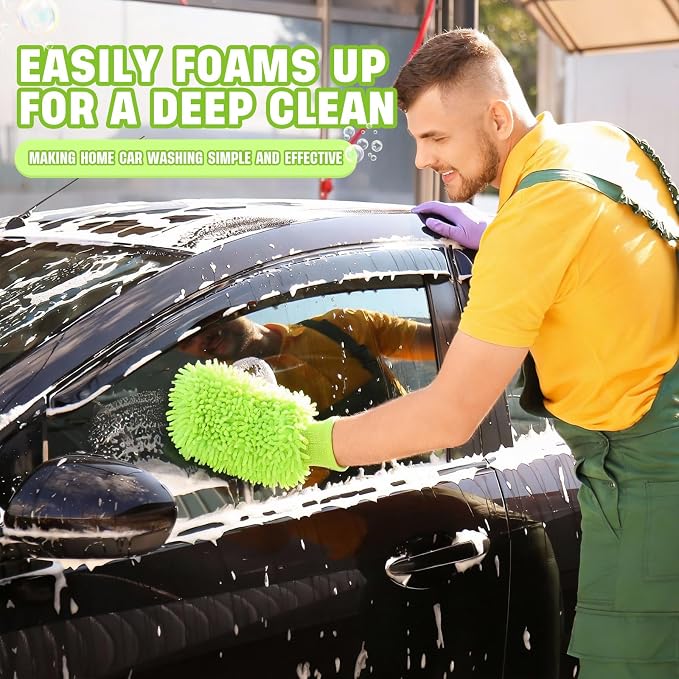 24 Pack Car Wash Mitt Bulk Microfiber, 10'' x 8'' Chenille Car Wash Mitt Gloves, Scratch Free Double Sided No Lint No Marks for Truck SUV and All Vehicle Surfaces (Lime Green)