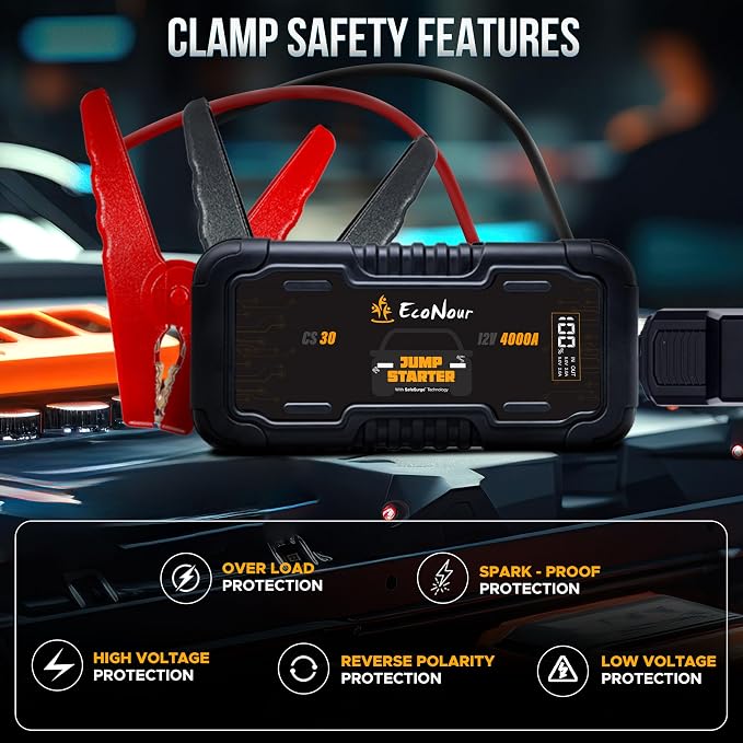 Econour 4000A Car Jump Starter – 12V Battery Booster Pack for Up to 10L Gas & 10L Diesel Engines, 25000mAh Portable Power Bank with 65W Fast Charging, LED Display, Jumper Cables & Emergency Flashlight