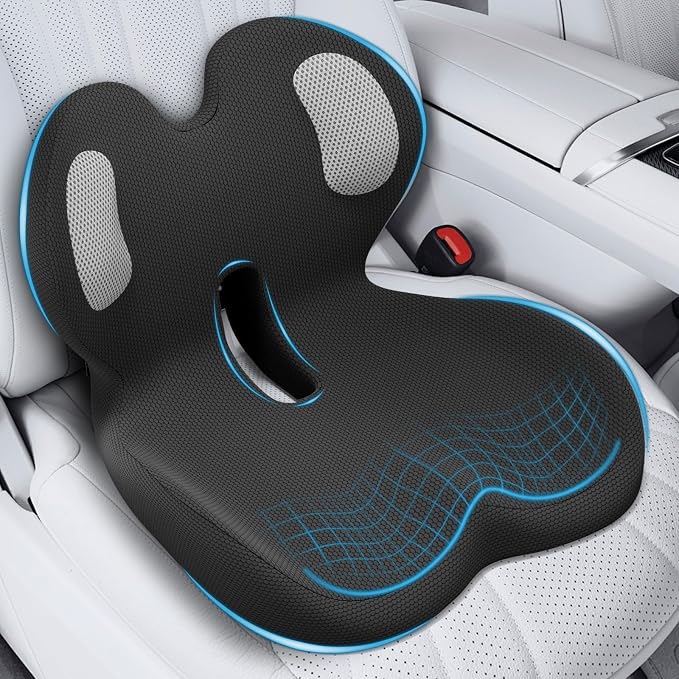 Trucker Seat Cushion, Car Seat Cushions with Lumbar Support Pillow, Ergonomic L-Shaped Orthopedic Memory Foam Pad for Long Driving Back Pain Sciatica Relief, Drivers Office Workers (Black+WE)