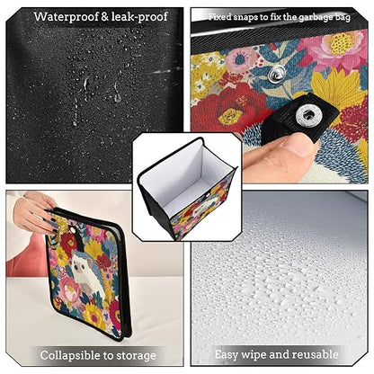 Car Trash Can Organizer Bin with Adjustable Strap for Back Front Seat Console Waterproof Leakproof Collapsible Portable 8.66 Inch Garden Flowers Hedgehogs Colorful