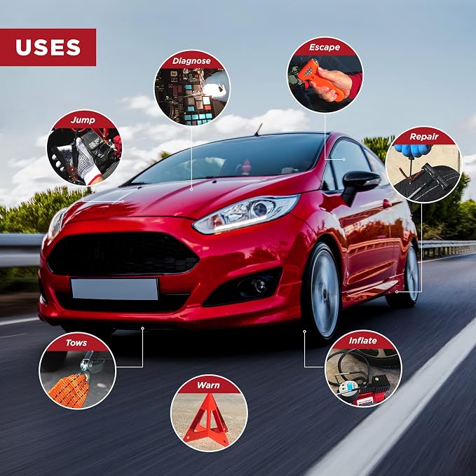 BLIKZONE Red Car Emergency Kit for Vehicles Road Trip, with All the Essentials as Flat Tire Repair, Jumper Cables, Digital Air Compressor, Multitool and All the Car Safety Accessories