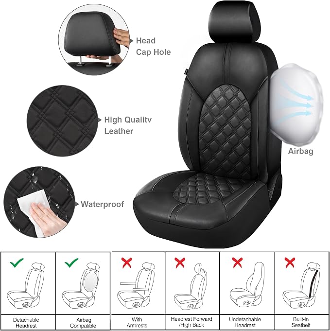 CAROMOP Luxury PU Leather Car Seat Covers Front Set - Anti-Stain Waterproof Automotive Seat Covers for Cars - Universal Car Interior Covers Seat Protectors for SUVs Pick-up Trucks(Black)