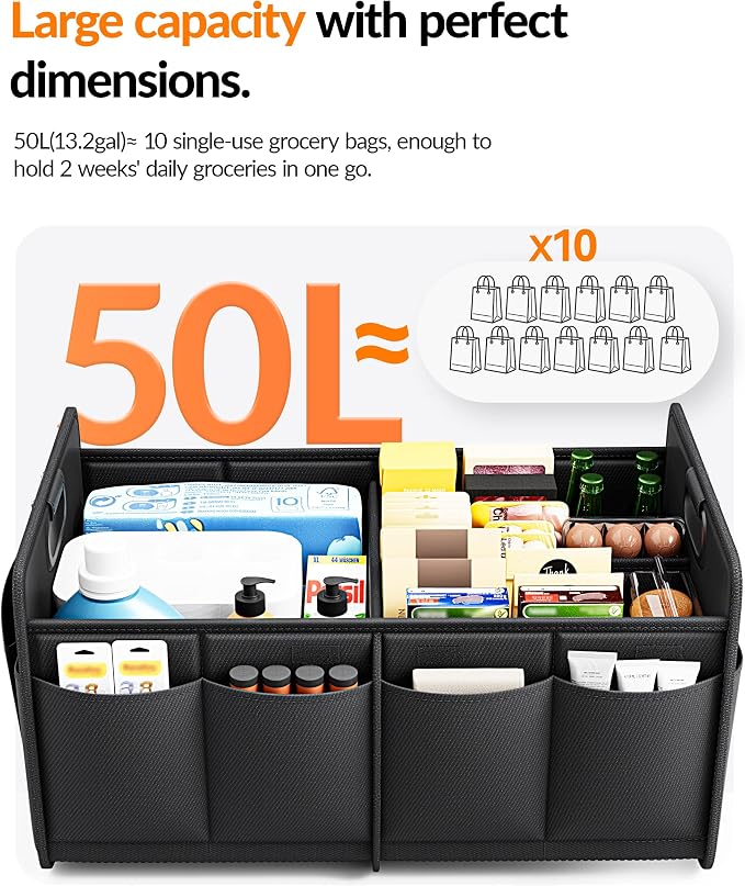 Homeve Car Trunk Organizer for SUV, Small Compact Size No-Sag Heavy Duty, 7 Pockets Foldable Waterproof Anti-Slip Storage, Fit Sedan, Truck, Front Seat, Universal Car Accessories, Black, 2 Compart
