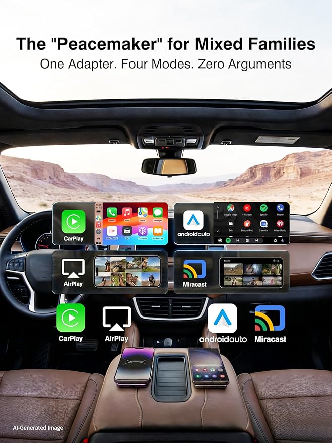 4-in-1 Wireless CarPlay Android Auto Adapter AirPlay & Miracast Media Hub Seamless for Mixed Families 5.8GHz Low-Latency & Auto-Connect Factory Wired Cars Only (Black)