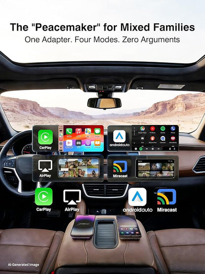 4-in-1 Wireless CarPlay Android Auto Adapter AirPlay & Miracast Media Hub Seamless for Mixed Families 5.8GHz Low-Latency & Auto-Connect Factory Wired Cars Only (Black)