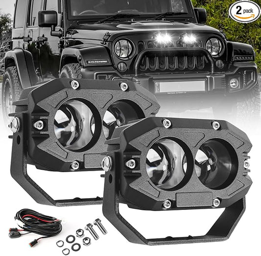BraveWAY 4 Inch 80W LED Pod Offroad Driving Light 9600LM Super Bright with Harness White Spot Beam Waterproof Off Road Flood Light for Truck Pickup Ram Motorcycle SUV ATV UTV Pack of 2